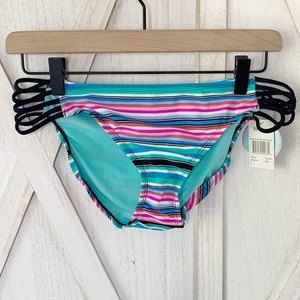 Raisins NWT Striped Strappy Cocoa Beach Pant Swim Bikini Bottoms Black Blue L